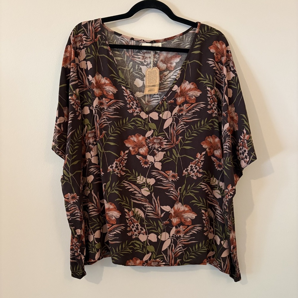 NWT Natural Life Brown Floral Boxy Blouse Size XL Boho Cottagecore Moody Rayon